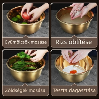 Arany színű 304 rozsdamentes acél konyhai tál tojás felverésére, tészta dagasztására és zöldségek mosására, vastag peremmel.