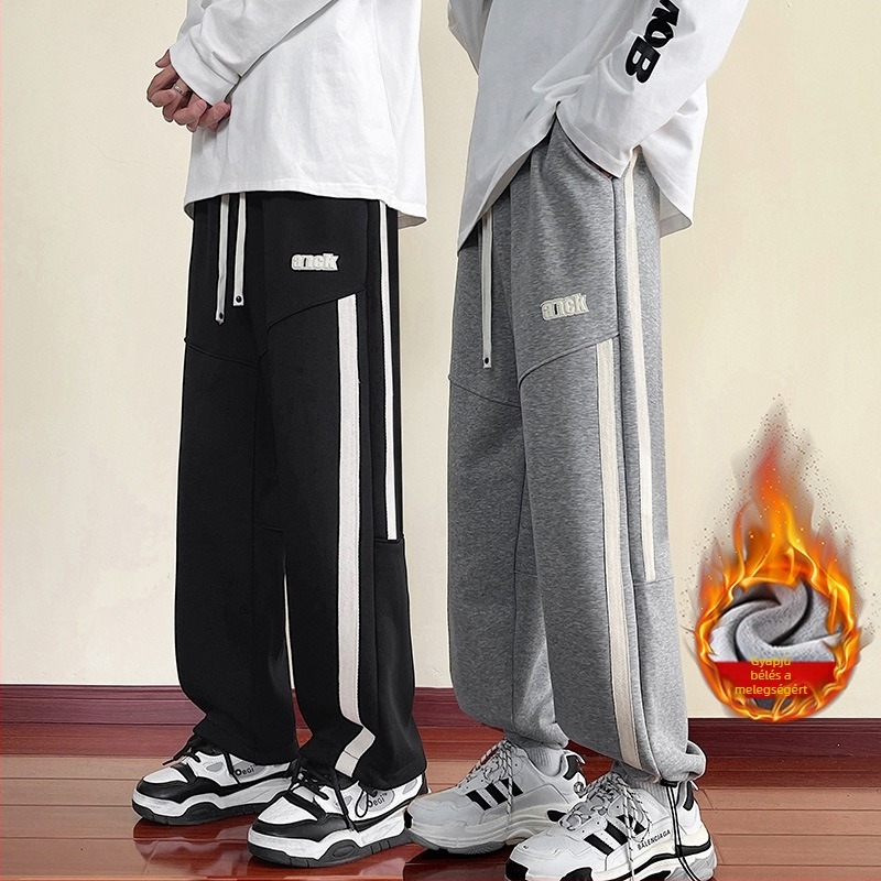 Fleece-béléssel bélelt hosszú téli sportnadrág tiniknek és férfiaknak, kétoldalas viselet, trendi