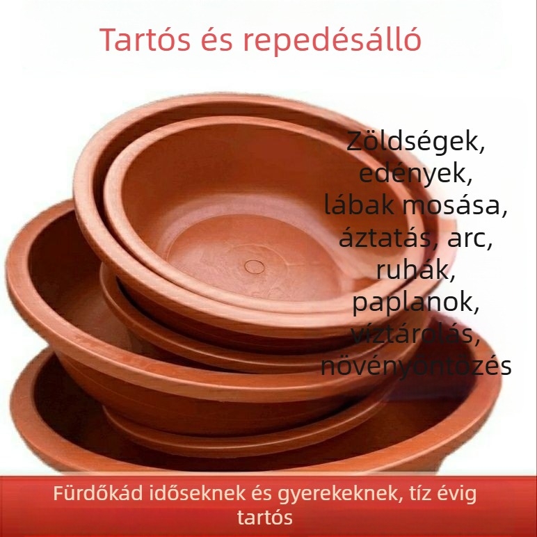 Nagy kapacitású vastag falú műanyag mosóedény, 50-80 cm átmérőjű, zöldségekhez, ruhákhoz és fürdéshez.