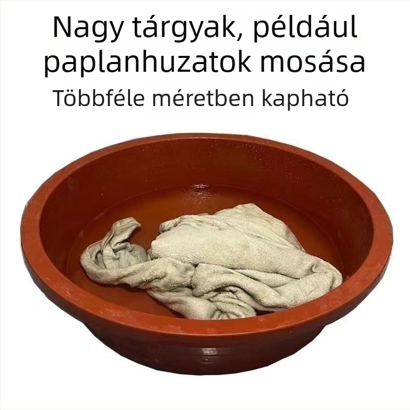 Nagy kapacitású vastag falú műanyag mosóedény, 50-80 cm átmérőjű, zöldségekhez, ruhákhoz és fürdéshez.