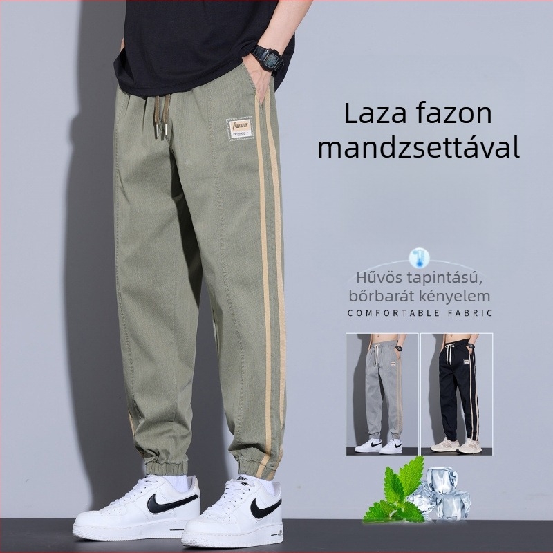 Férfi jogger nadrágok – tavasz–ősz stílus, laza szabású, széles szárú, csíkos, hétköznapi.