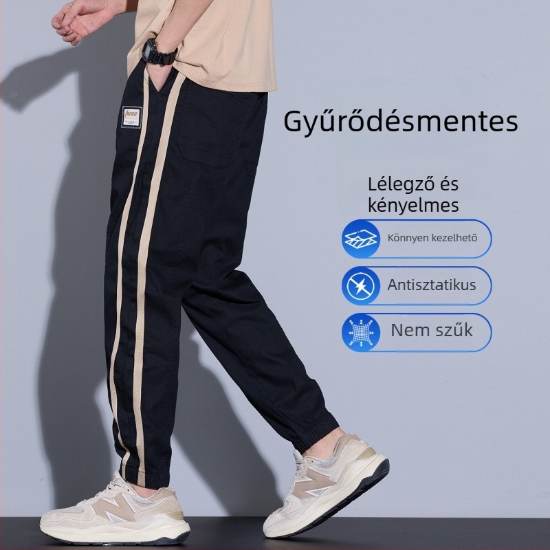 Férfi jogger nadrágok – tavasz–ősz stílus, laza szabású, széles szárú, csíkos, hétköznapi.
