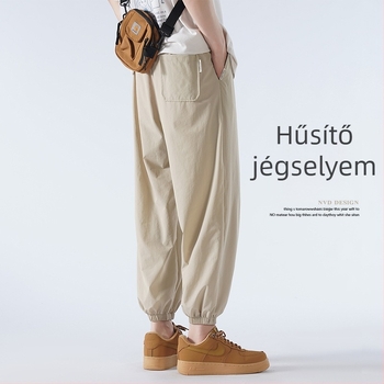 Férfi nyári ice silk nadrág, laza szabás, vékony, mindennapi, 9/10 hosszú, khaki szín, Plus Size