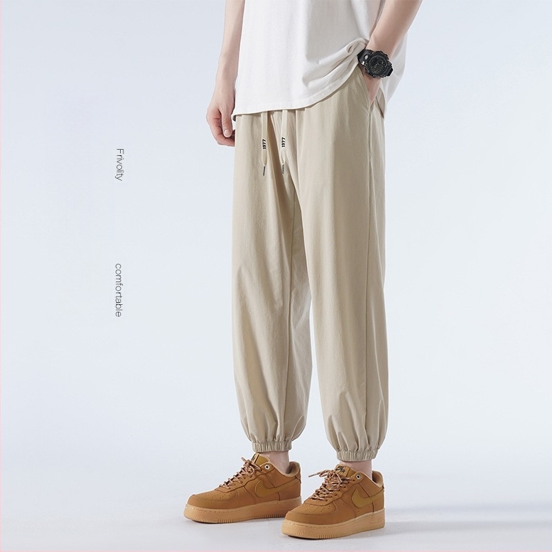 Férfi nyári ice silk nadrág, laza szabás, vékony, mindennapi, 9/10 hosszú, khaki szín, Plus Size