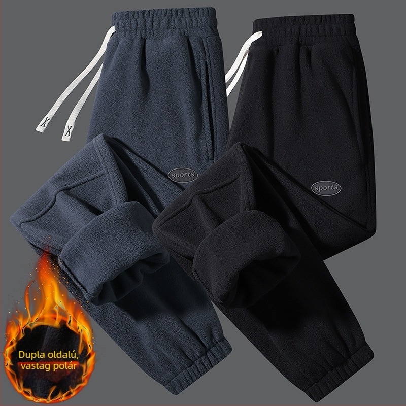 Férfi téli fleece-béléssel ellátott sportnadrág, kényelmes, egyenes szabású, zsebes