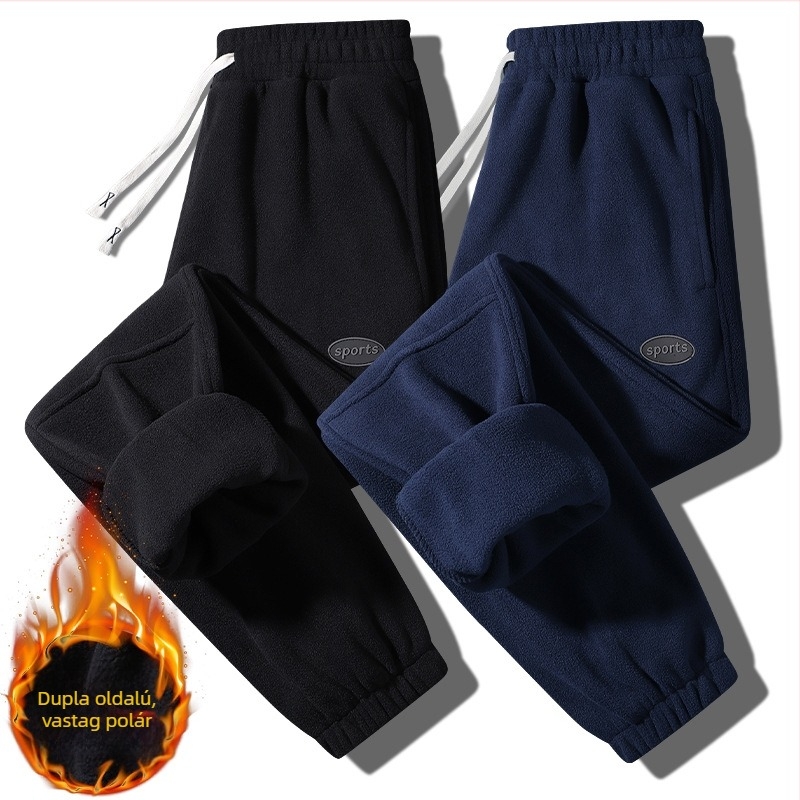 Férfi téli fleece-béléssel ellátott sportnadrág, kényelmes, egyenes szabású, zsebes