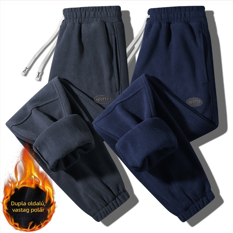 Férfi téli fleece-béléssel ellátott sportnadrág, kényelmes, egyenes szabású, zsebes