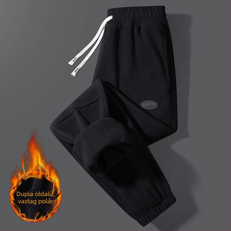 Férfi téli fleece-béléssel ellátott sportnadrág, kényelmes, egyenes szabású, zsebes