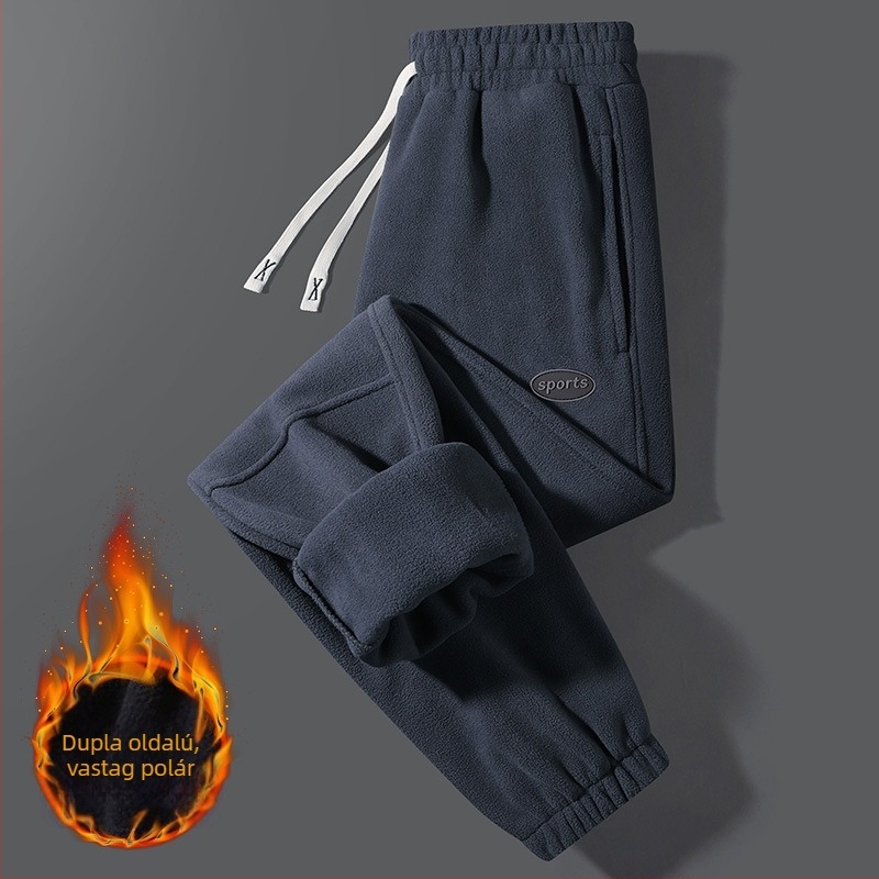 Férfi téli fleece-béléssel ellátott sportnadrág, kényelmes, egyenes szabású, zsebes