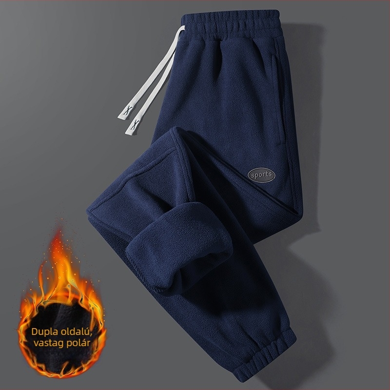 Férfi téli fleece-béléssel ellátott sportnadrág, kényelmes, egyenes szabású, zsebes