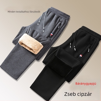 Férfi téli fleece-béléssel ellátott sportnadrág, vastag meleg, hosszú, egyenes szabású, középmagas derék, övvel és zipzárral