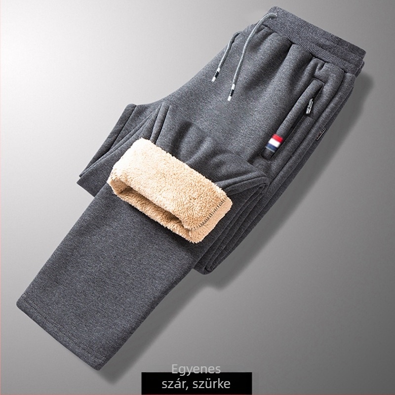 Férfi téli fleece-béléssel ellátott sportnadrág, vastag meleg, hosszú, egyenes szabású, középmagas derék, övvel és zipzárral