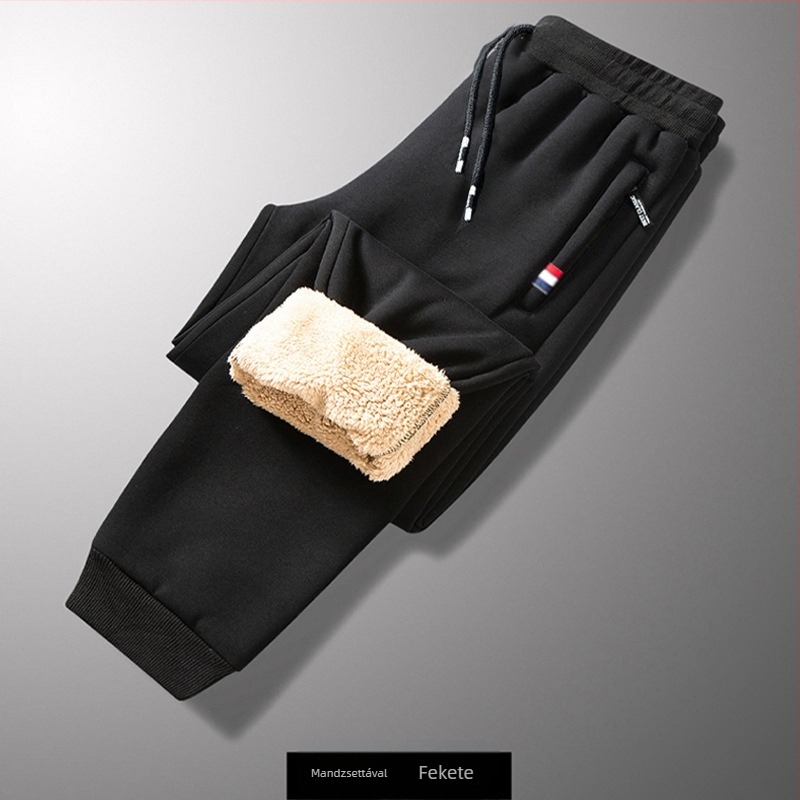 Férfi téli fleece-béléssel ellátott sportnadrág, vastag meleg, hosszú, egyenes szabású, középmagas derék, övvel és zipzárral