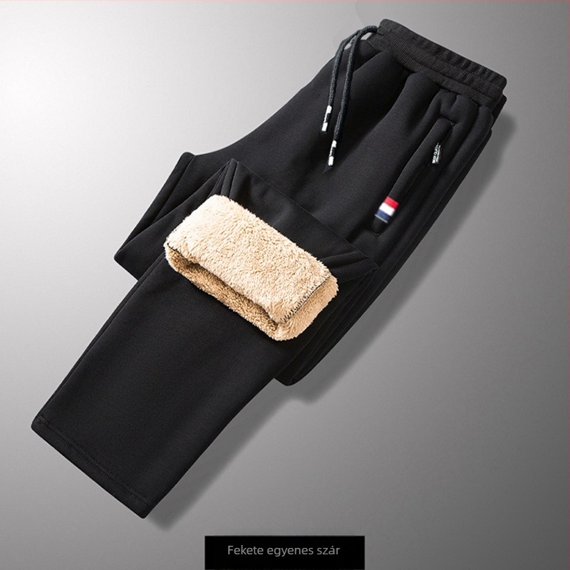 Férfi téli fleece-béléssel ellátott sportnadrág, vastag meleg, hosszú, egyenes szabású, középmagas derék, övvel és zipzárral