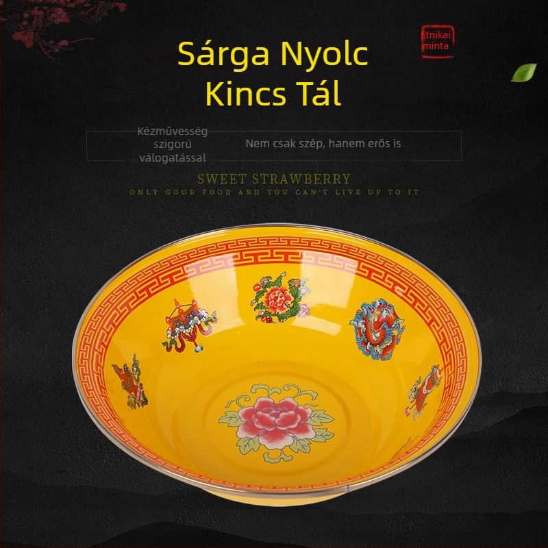 Emaillált mosdómedence tibeti etnikus mintával, vintage stílus, sárga nyolc kincses motívum