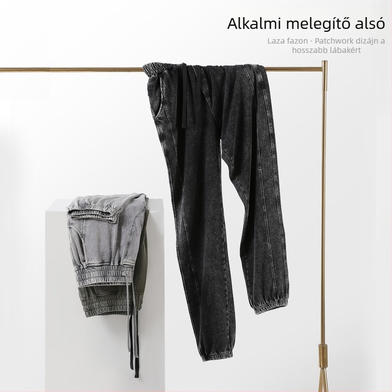 Férfi pamut melegítőnadrág, 300 g, mosott, kopott hatású, dupla szálú, amerikai retro stílus, laza szabás, szárvége szűkített