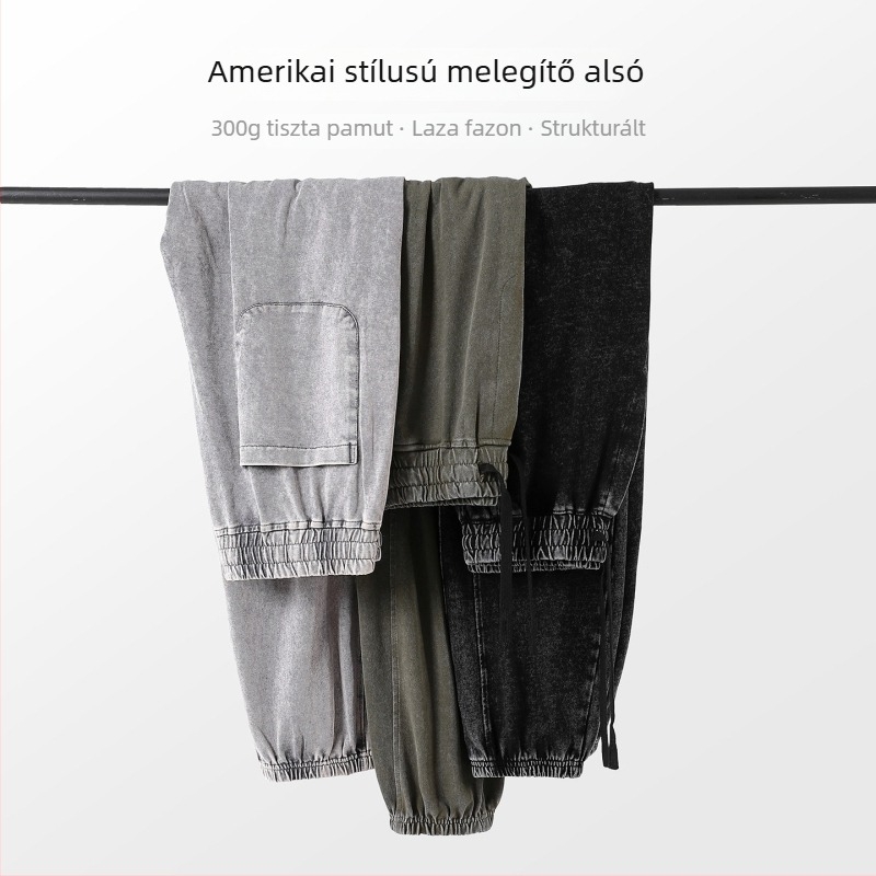 Férfi pamut melegítőnadrág, 300 g, mosott, kopott hatású, dupla szálú, amerikai retro stílus, laza szabás, szárvége szűkített