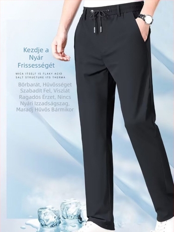 Férfi nyári elasztikus casual nadrág, egyenes szabású, elasztikus derékrész, vékony, hűs érzetű sportnadrág