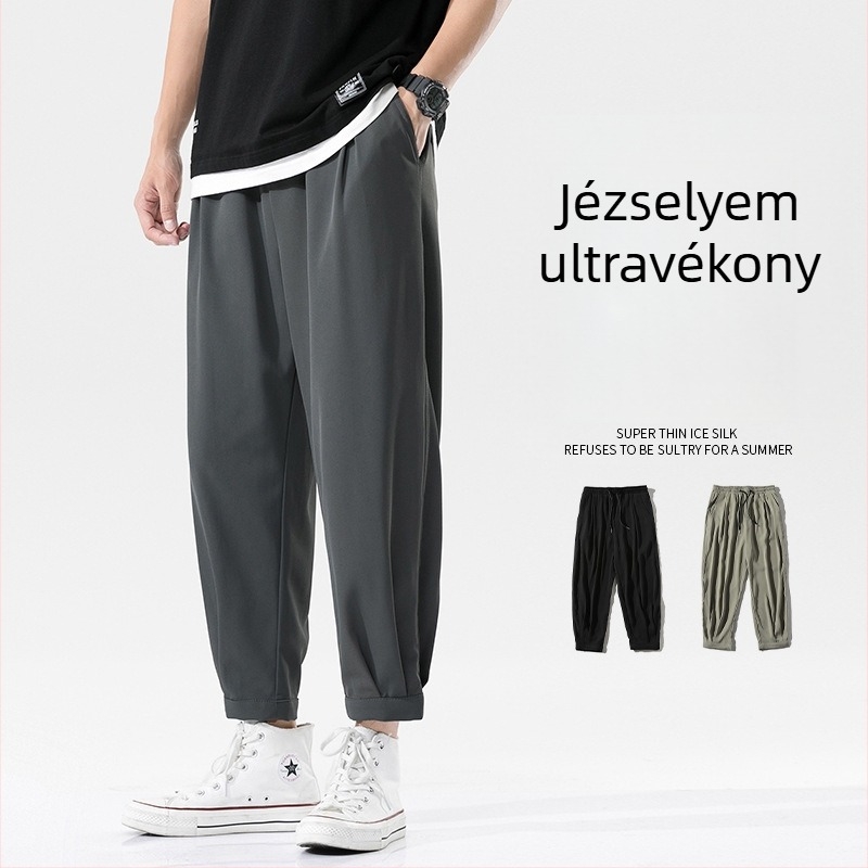 Nyári férfi laza koreai stílusú cropped nadrág, mandzsetta a bokánál, könnyű ice-silk anyag