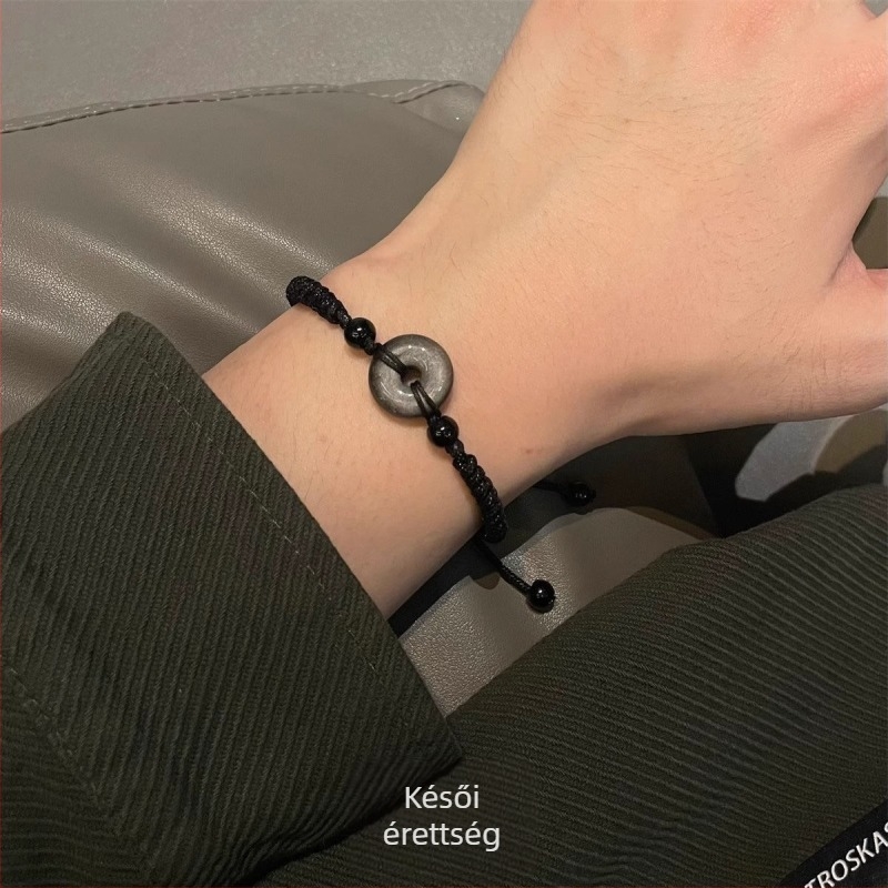 Kínai stílusú ezüst obsidián béke-kötés karkötő férfiaknak és nőknek, kézzel szőtt, niche dizájn, pár ékszer