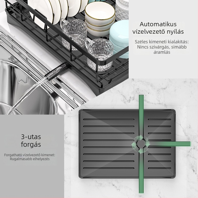 Konyhai edényállvány emelt kivitelben, vízlevezetővel, multifunkcionális a mosogatóhoz és a munkalaphoz