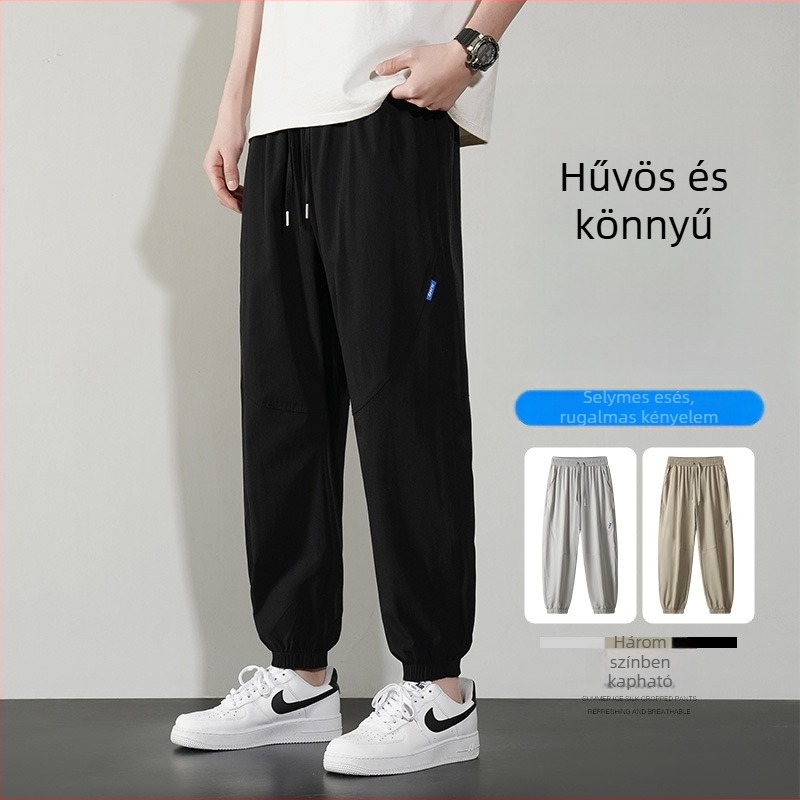 Nyári férfi casual nadrág kötőszárú derékkal, laza szabású, könnyű, egyszínű, mindennapi viselet, nagy méret
