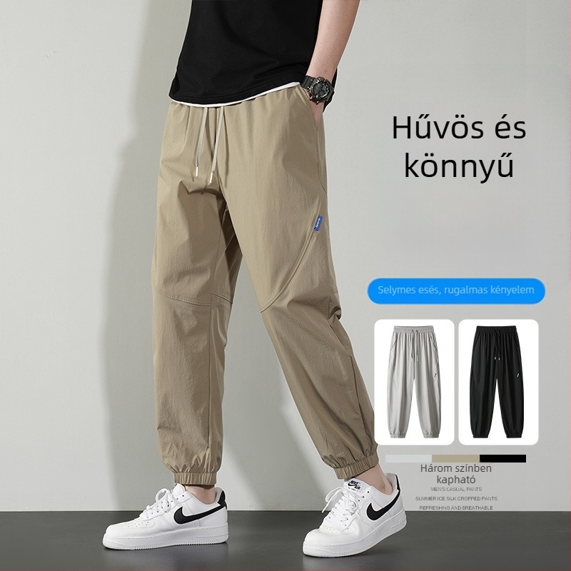 Nyári férfi casual nadrág kötőszárú derékkal, laza szabású, könnyű, egyszínű, mindennapi viselet, nagy méret