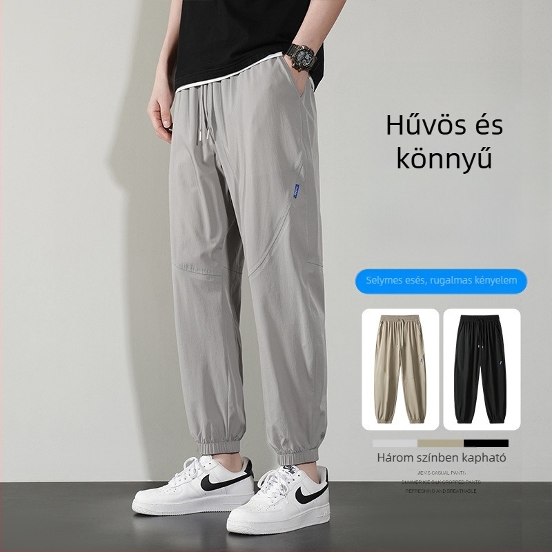 Nyári férfi casual nadrág kötőszárú derékkal, laza szabású, könnyű, egyszínű, mindennapi viselet, nagy méret