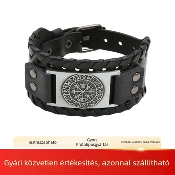 Férfiaknak széles bőr karkötő kompasszal, középkori Viking stílus