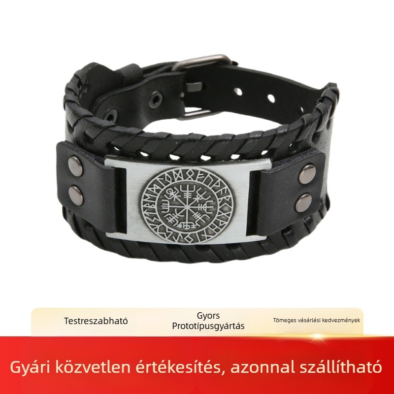 Férfiaknak széles bőr karkötő kompasszal, középkori Viking stílus