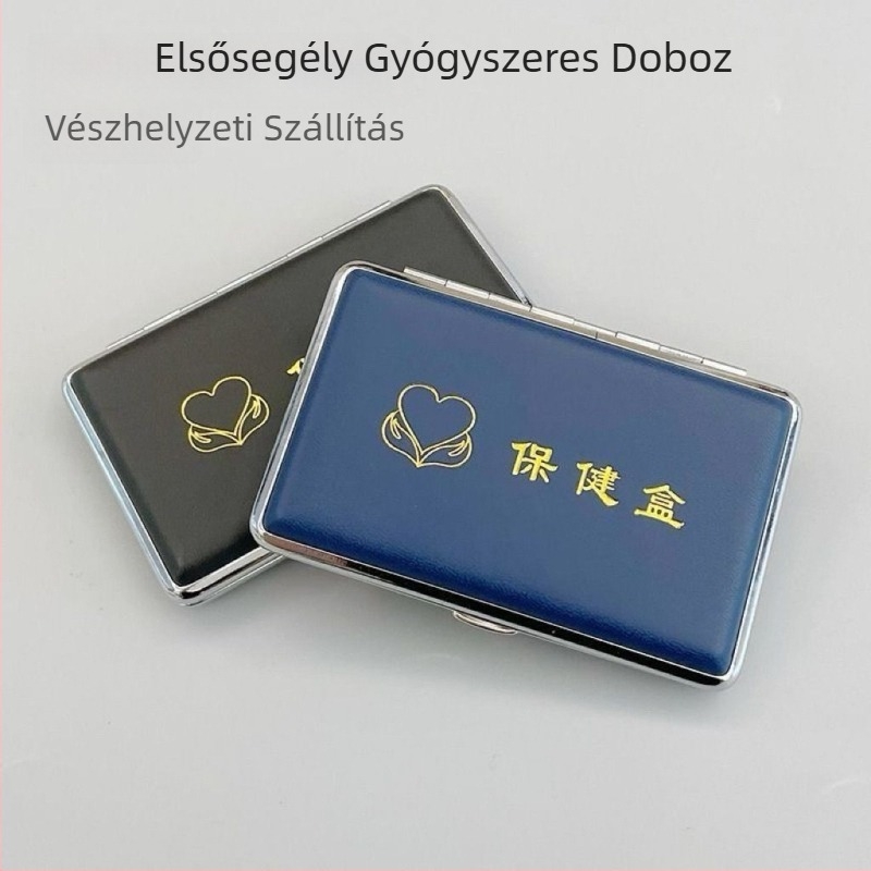 Mini hordozható zárt gyógyszeres doboz műbőr és fém kombinációból, fényálló, középkorúak és idős korúak számára