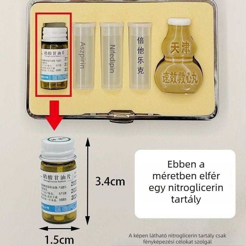 Mini hordozható zárt gyógyszeres doboz műbőr és fém kombinációból, fényálló, középkorúak és idős korúak számára