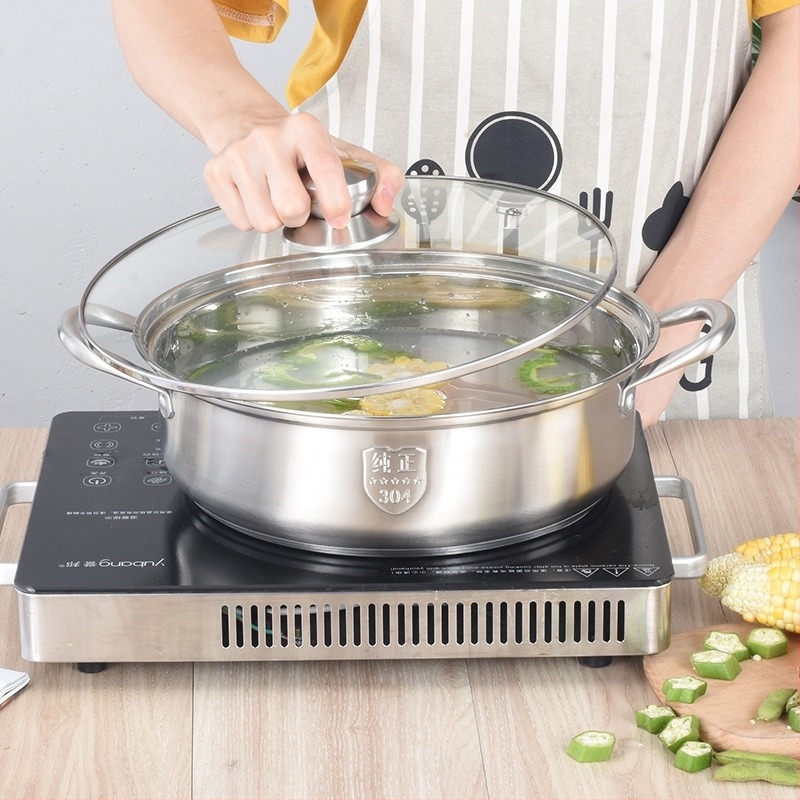 304 rozsdamentes acélból készült hot pot otthoni és kereskedelmi használatra, fedél temperált üveggel, átmérők 28/30/32 cm, 2.1–4 L, 4.1–6 L, 6.1–10 L