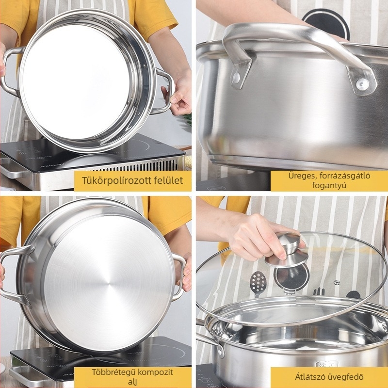 304 rozsdamentes acélból készült hot pot otthoni és kereskedelmi használatra, fedél temperált üveggel, átmérők 28/30/32 cm, 2.1–4 L, 4.1–6 L, 6.1–10 L