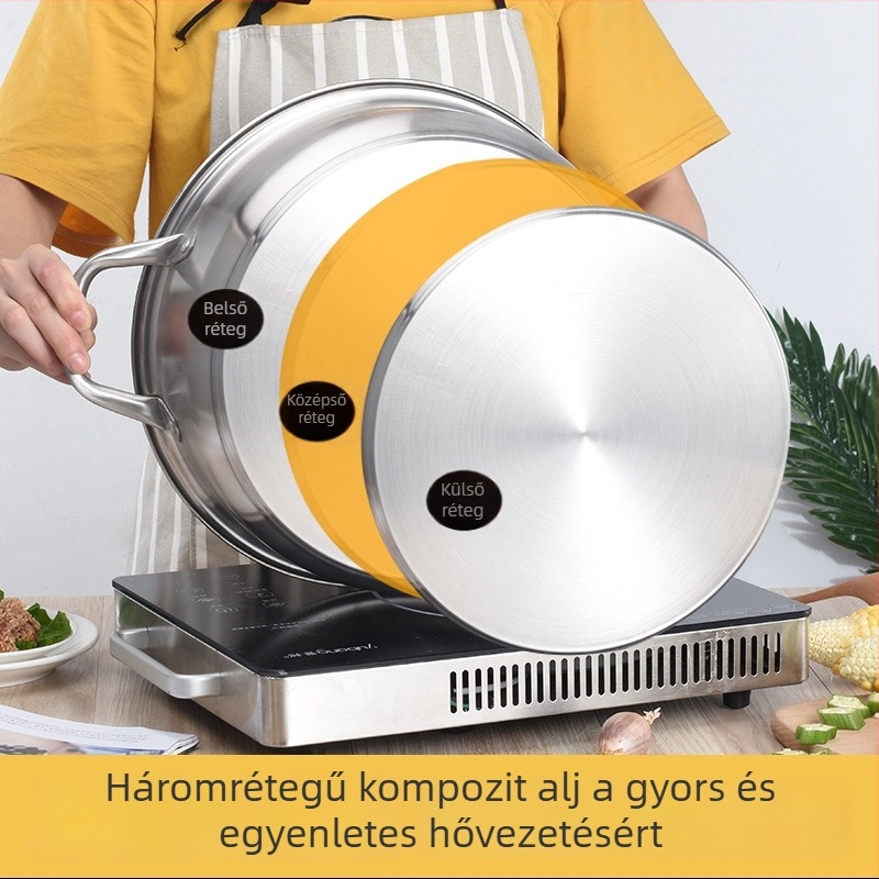 304 rozsdamentes acélból készült hot pot otthoni és kereskedelmi használatra, fedél temperált üveggel, átmérők 28/30/32 cm, 2.1–4 L, 4.1–6 L, 6.1–10 L