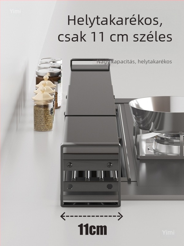 Keskeny oldalsó polc a konyha tűzhelye mellett a fűszerek és ízesítők tárolására a réseken