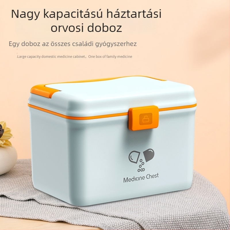 Két szintes családi gyógyszeres doboz, nagy kapacitású, műanyag gyógyszertároló doboz sürgősségi orvosi ellátáshoz