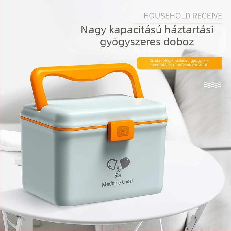 Két szintes családi gyógyszeres doboz, nagy kapacitású, műanyag gyógyszertároló doboz sürgősségi orvosi ellátáshoz