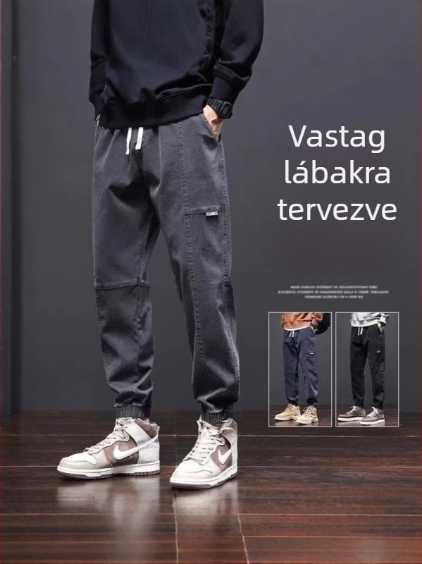 Férfi munkaruha-stílusú jogger nadrág, lazán szabott, haremsziluet, könnyű nyári 3/4 hosszúságú nadrág
