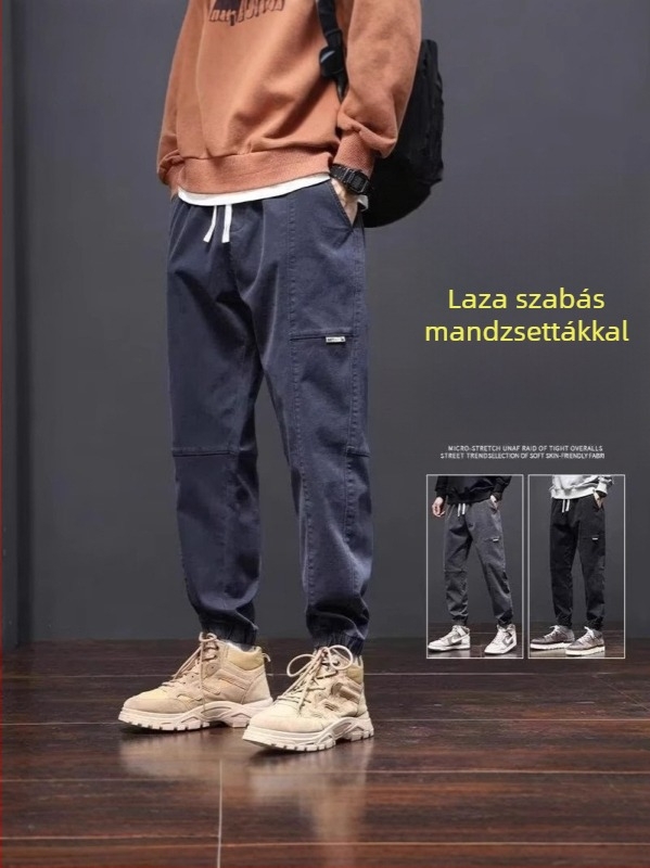 Férfi munkaruha-stílusú jogger nadrág, lazán szabott, haremsziluet, könnyű nyári 3/4 hosszúságú nadrág