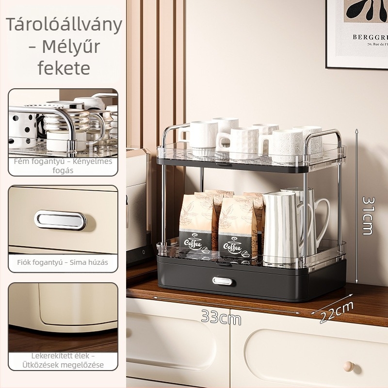 Asztali pohártartó, két szintű műanyag tároló, kávé- és teás poharakhoz
