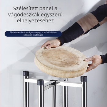 Vastított rozsdamentes acélból készült vágódeszkaállvány, padlón álló, önálló kés-tartóval és integrált konyhai tárolóval, többfunkciós tároló.