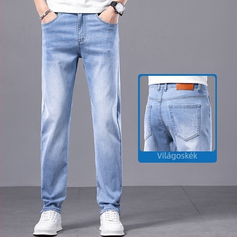 Divatos egyenes szárú farmernadrág rugalmas anyaggal, slim fit, cropped, férfiaknak, tavasz–nyár 2025