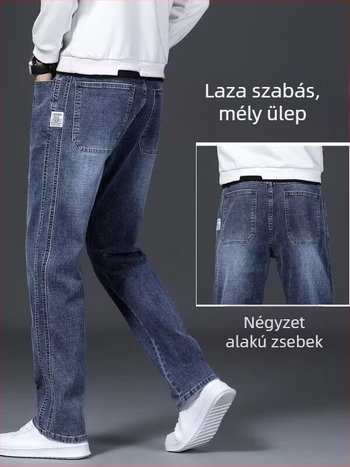 Férfi prémium elasztikus farmernadrág, lazán szabott egyenes szár, tavasz–ősz stílushoz, sokoldalú hétköznapi viselet