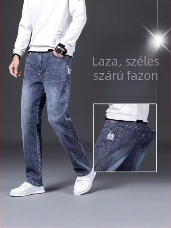 Férfi prémium elasztikus farmernadrág, lazán szabott egyenes szár, tavasz–ősz stílushoz, sokoldalú hétköznapi viselet