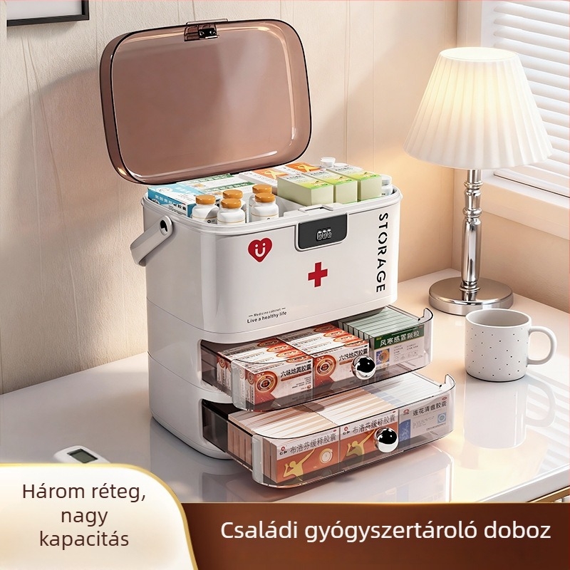 Személyre szabott 2025-ös modell zárható gyógyszeres doboz, rétegzett gyógyszer-tárolóval, nagy méret, elegáns otthoni dizájn