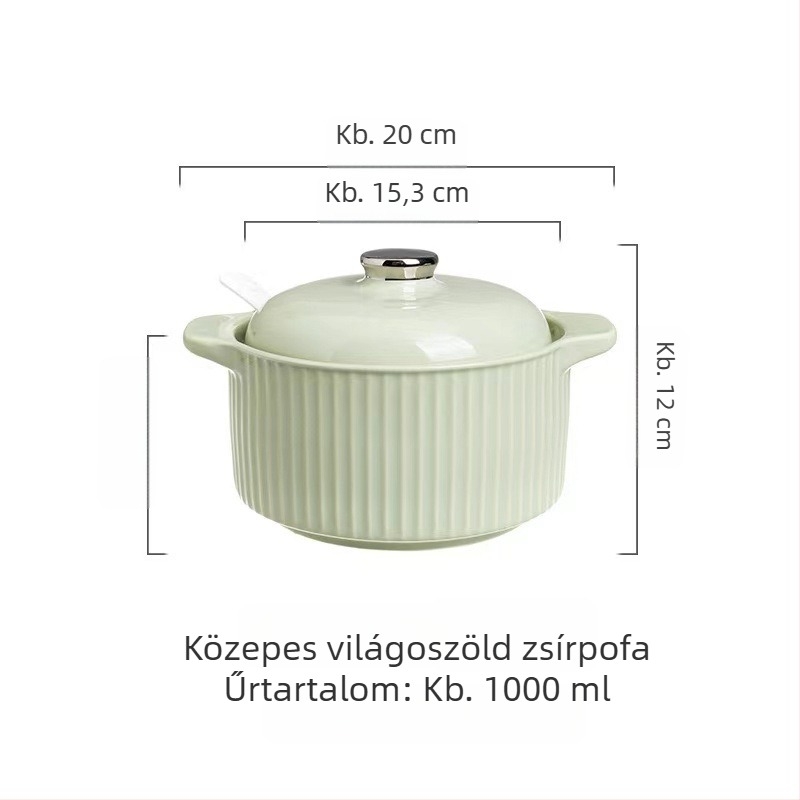 Két fogantyúval és kanállal ellátott kerámia chiliolaj-tároló, nagy kapacitású, fedővel, hőálló.