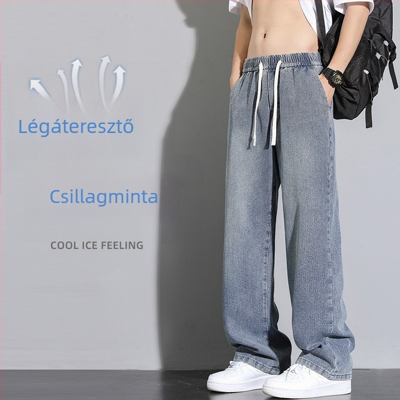 Férfi farmernadrág csillagos ég mintával, egyszínű, retro Hongkong-stílus, lazán szabott egyenes szár