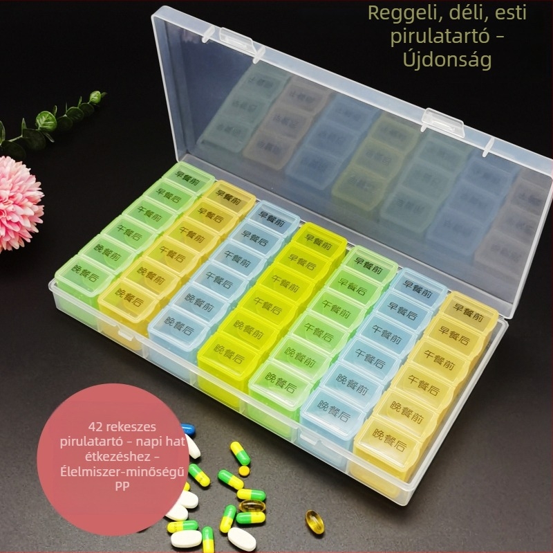 Napi hat étkezésre tervezett tablettatartó, 42 rekesz, nagy kapacitású, élelmiszer-minőségű, orvosi felhasználásra