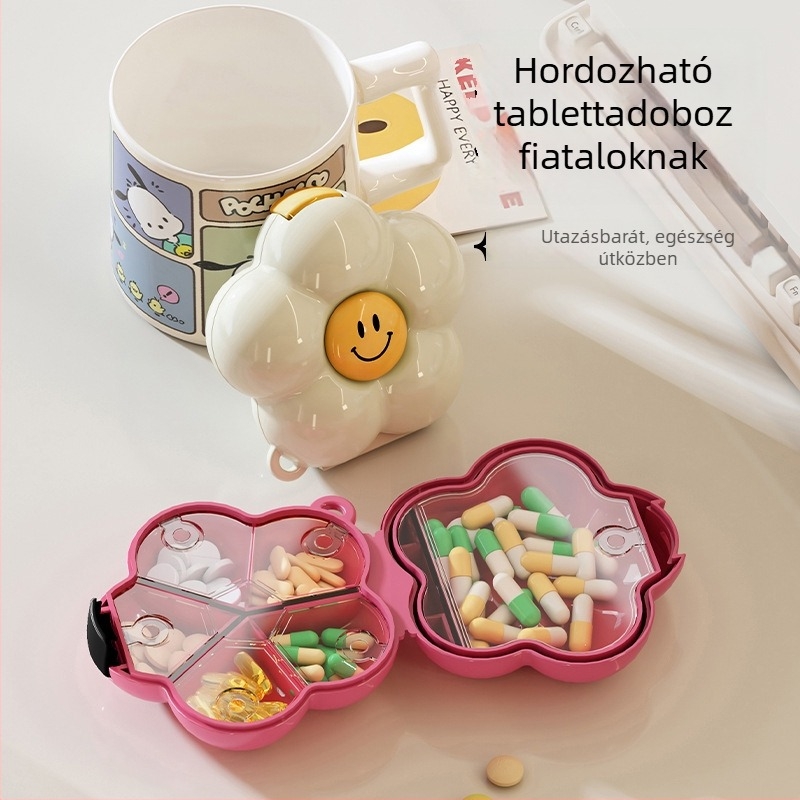 Hetes napos hordozható gyógyszeradagoló doboz virágos mintával, kompakt lezárható tároló tabletták számára